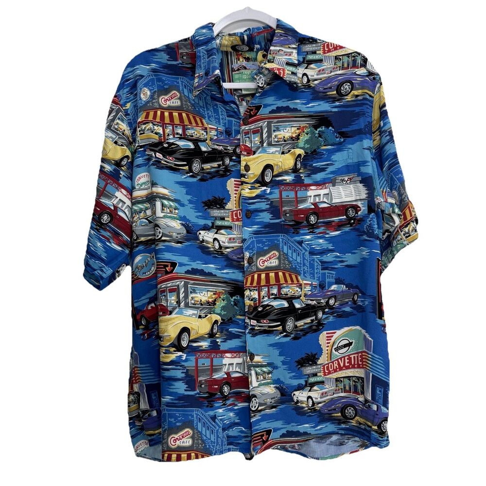 Vtg Reyn Spooner Drive In Stingray Corvette Button Up Shirt Hawaiian Sz L